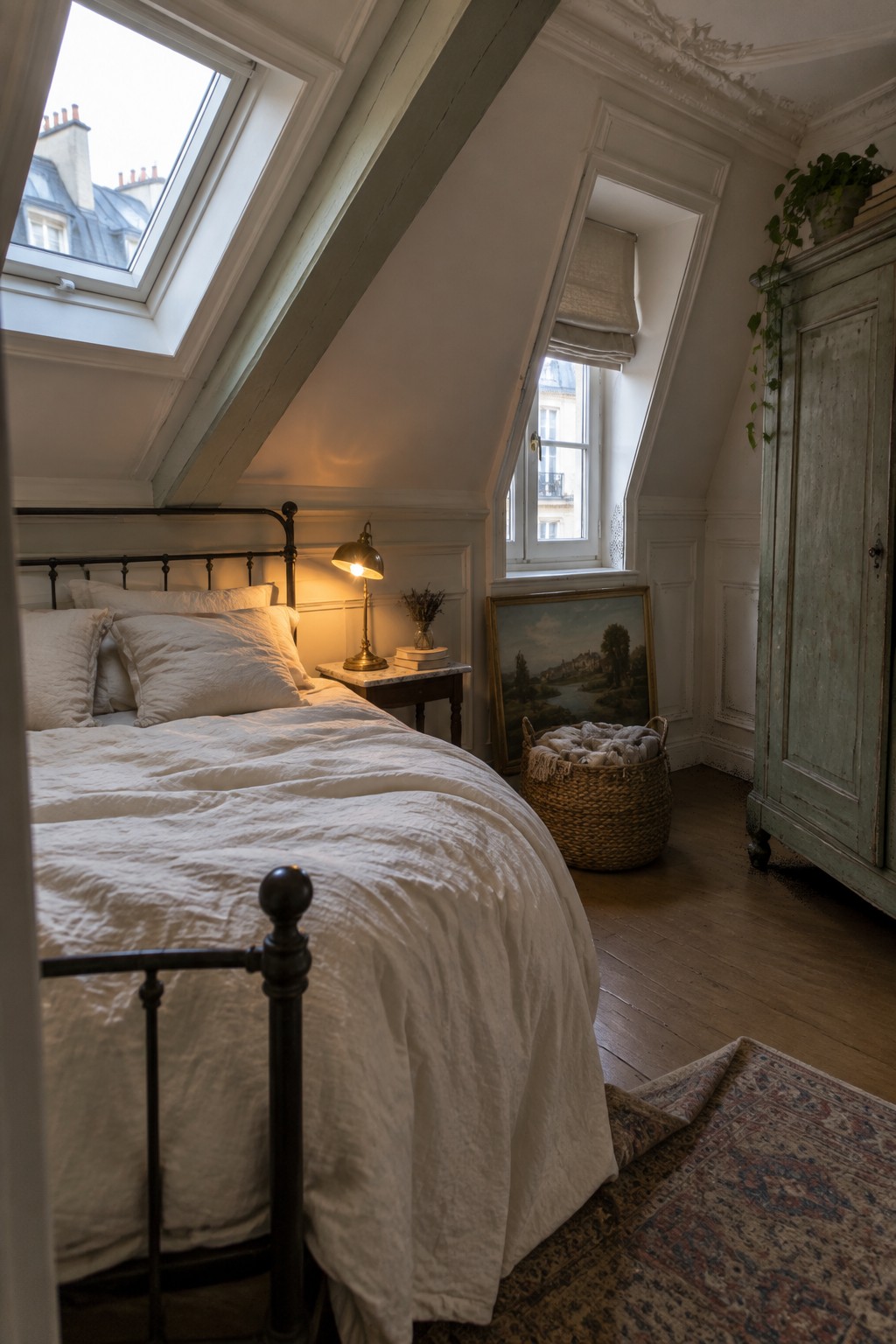 Cozy attic bedroom with white linens on black metal bed, glowing lamp, and slanted windows.