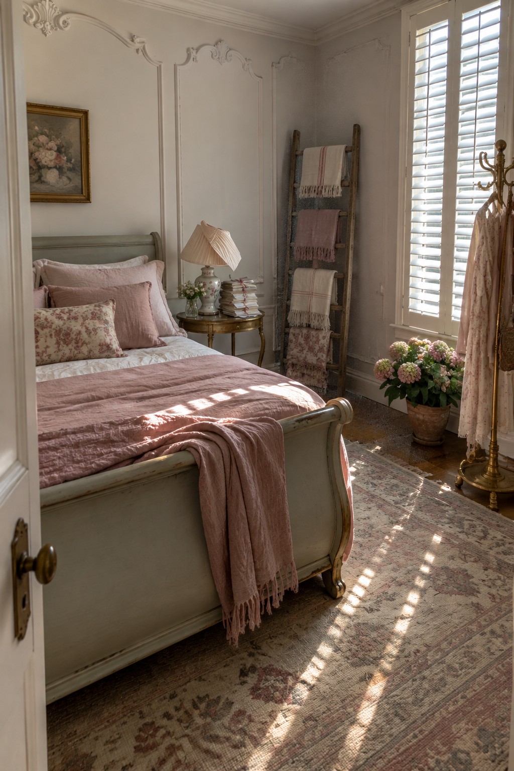 A bedroom featuring a vintage sleigh bed with pink linens, ornate wall mouldings, a wooden ladder holding textiles, and sunlight casting shadows on a patterned rug.