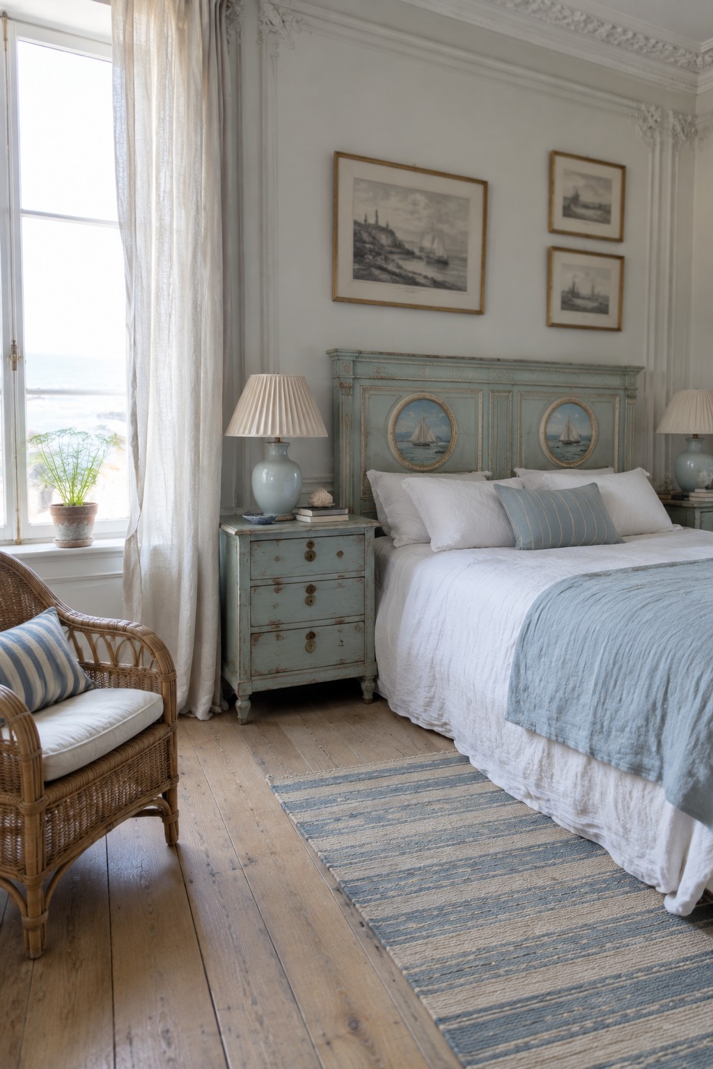 A bedroom with a light blue distressed headboard featuring circular sailboat panels, white bedding, a matching nightstand, rattan chair, striped rug, and ornate wall mouldings.