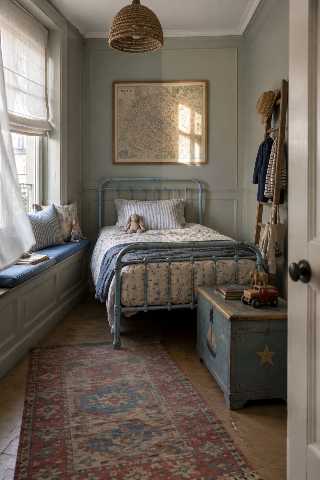 A bedroom with light blue vintage metal bed frame, wall mouldings in soft green, a patterned rug, and a distressed blue wooden trunk placed beside the bed.