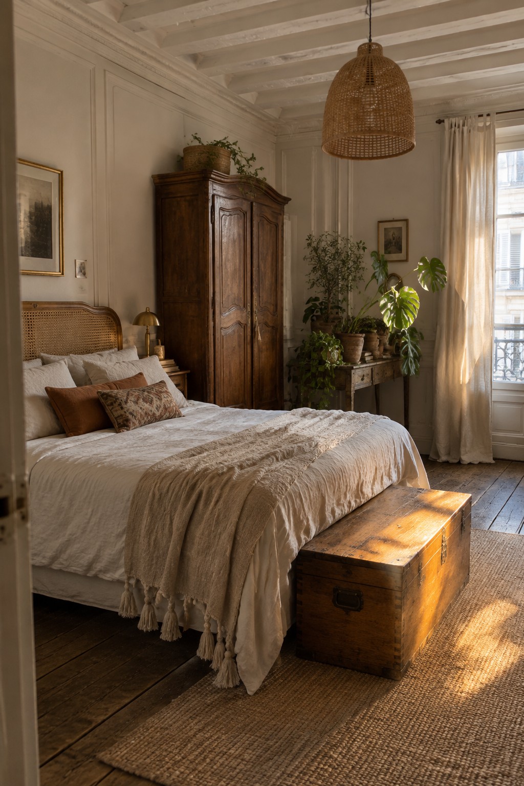 A bedroom with white moulded walls, a tall dark wooden wardrobe, a bed with white and brown linens, and potted plants near a window.
