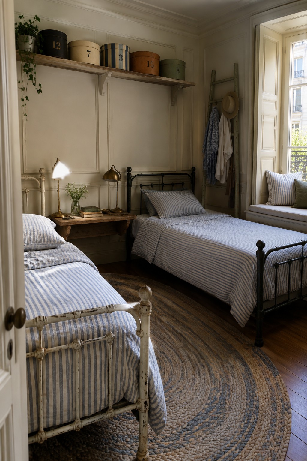 Cozy bedroom with twin iron beds, blue striped linens, woven rug, and wall shelf.