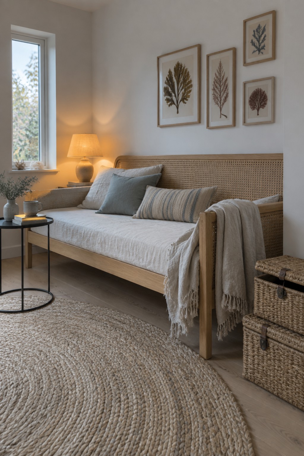 A light-filled room with a wooden daybed featuring a rattan cane back, white and blue linens, a round natural fiber rug, and framed botanical prints on the wall.