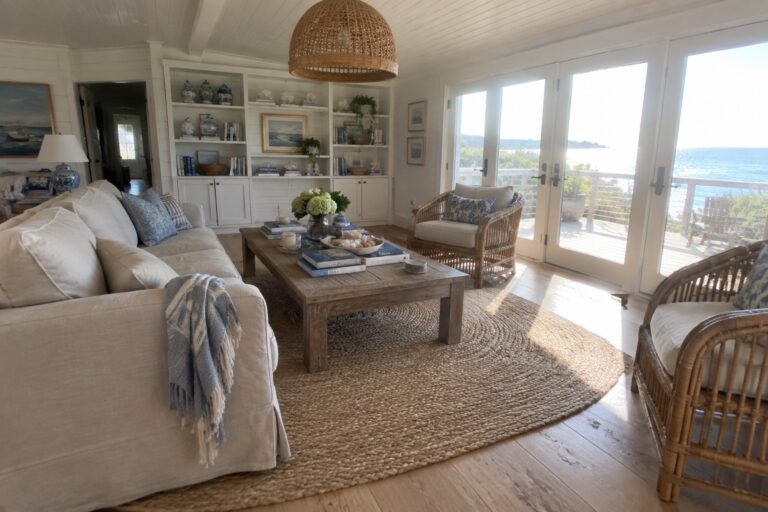 A coastal living room with a large sectional sofa, wooden coffee table, two rattan armchairs, built-in white bookshelves, and a woven natural fiber rug on light wood floors, with ocean views through glass doors.