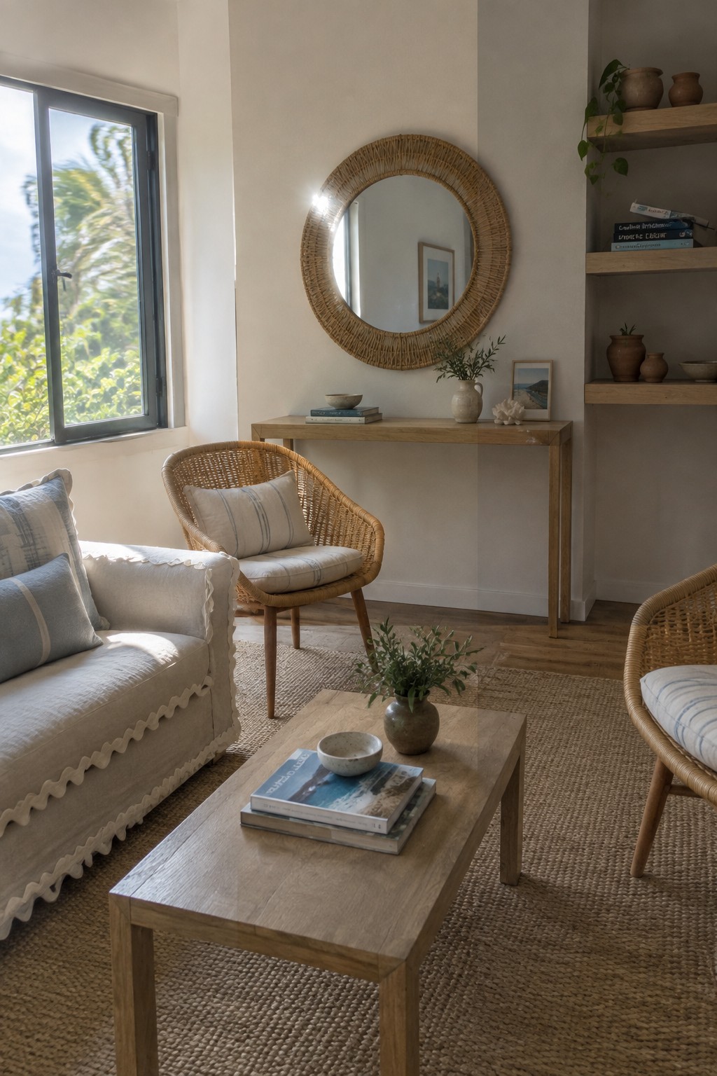 A bright coastal living room with rattan armchairs, a linen sofa, a wooden coffee table on a jute rug, and a round rattan mirror above a console table.