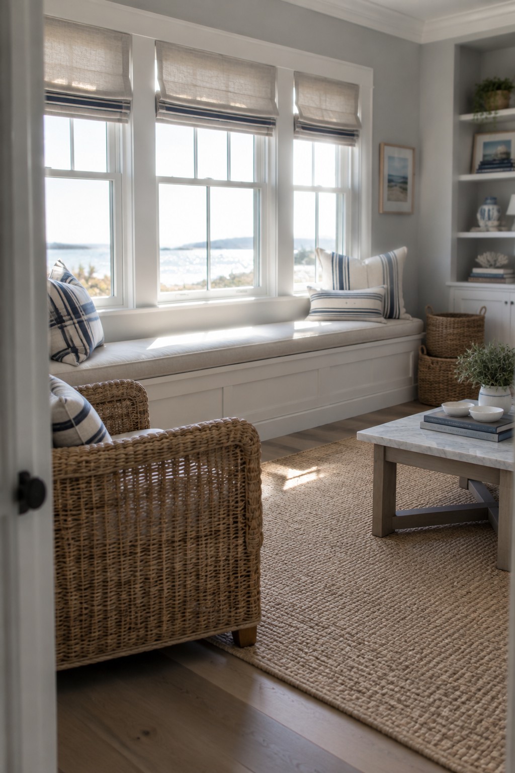 A coastal living room with a large natural fiber rug on wood flooring, a rattan armchair in the foreground, and a built-in window seat with blue and white striped pillows.