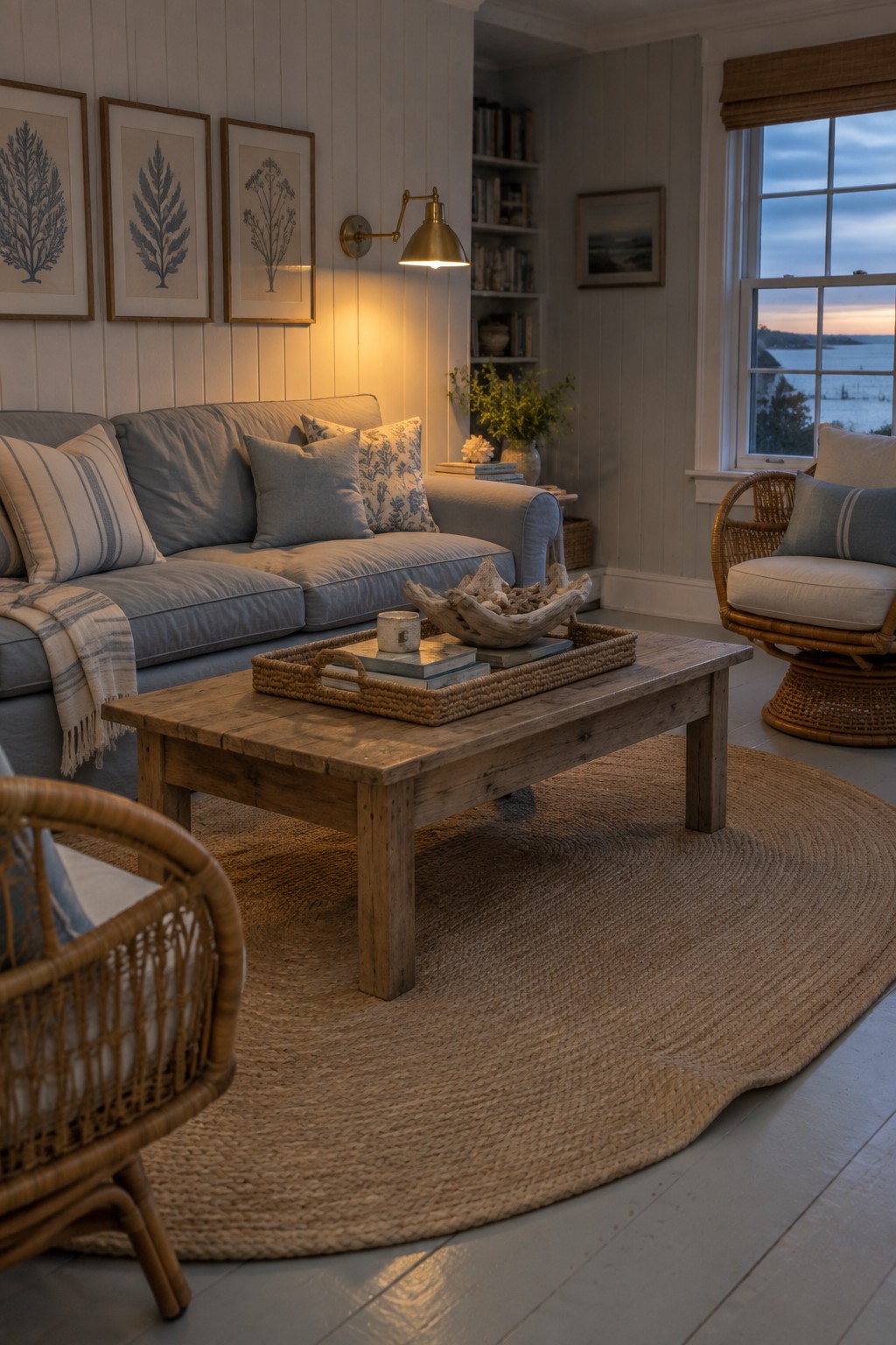 Cozy coastal living room with gray sofa, wooden coffee table, wicker chairs, and ocean view