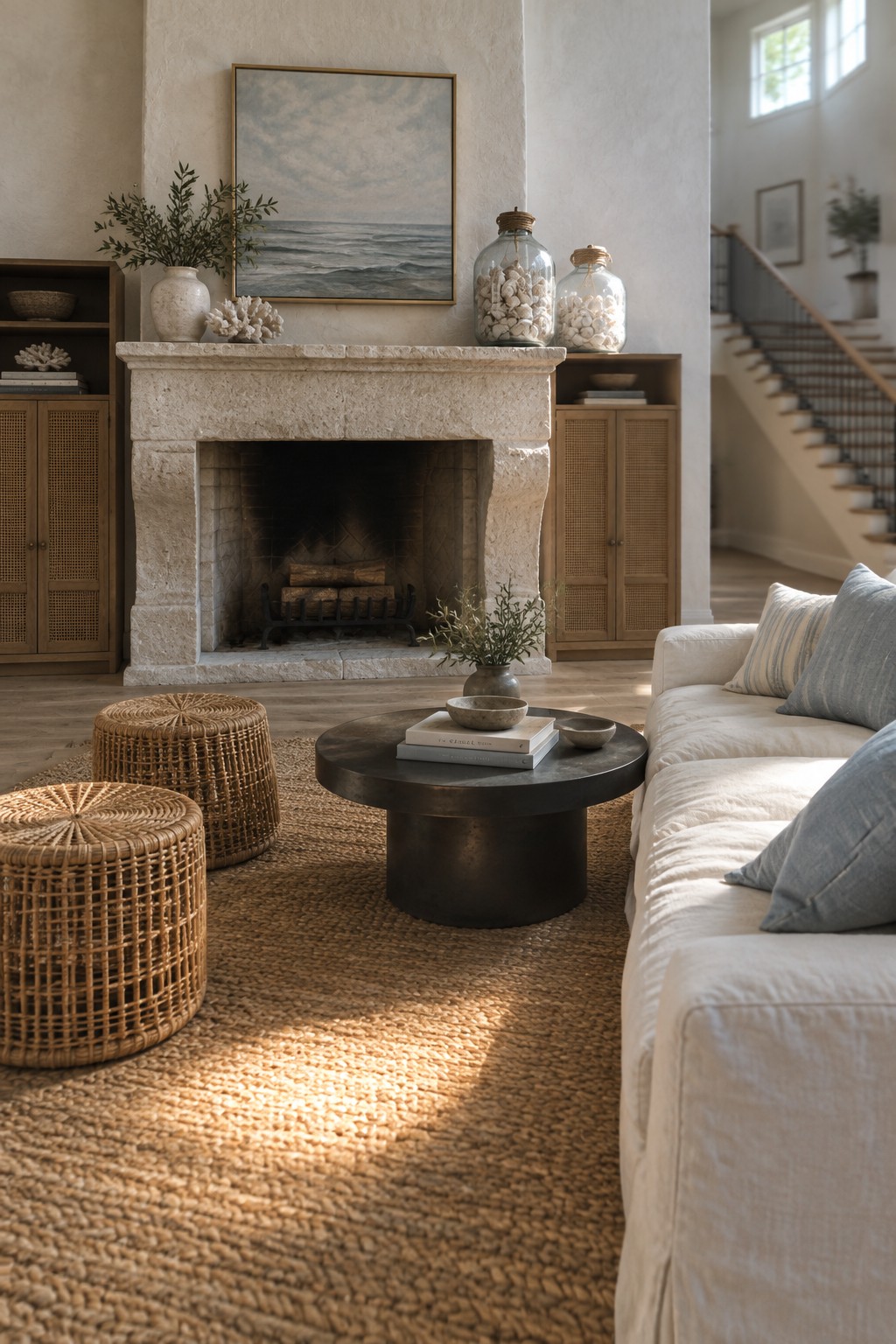 Sunlit living room with stone fireplace, white sofa, woven ottomans, and round coffee table