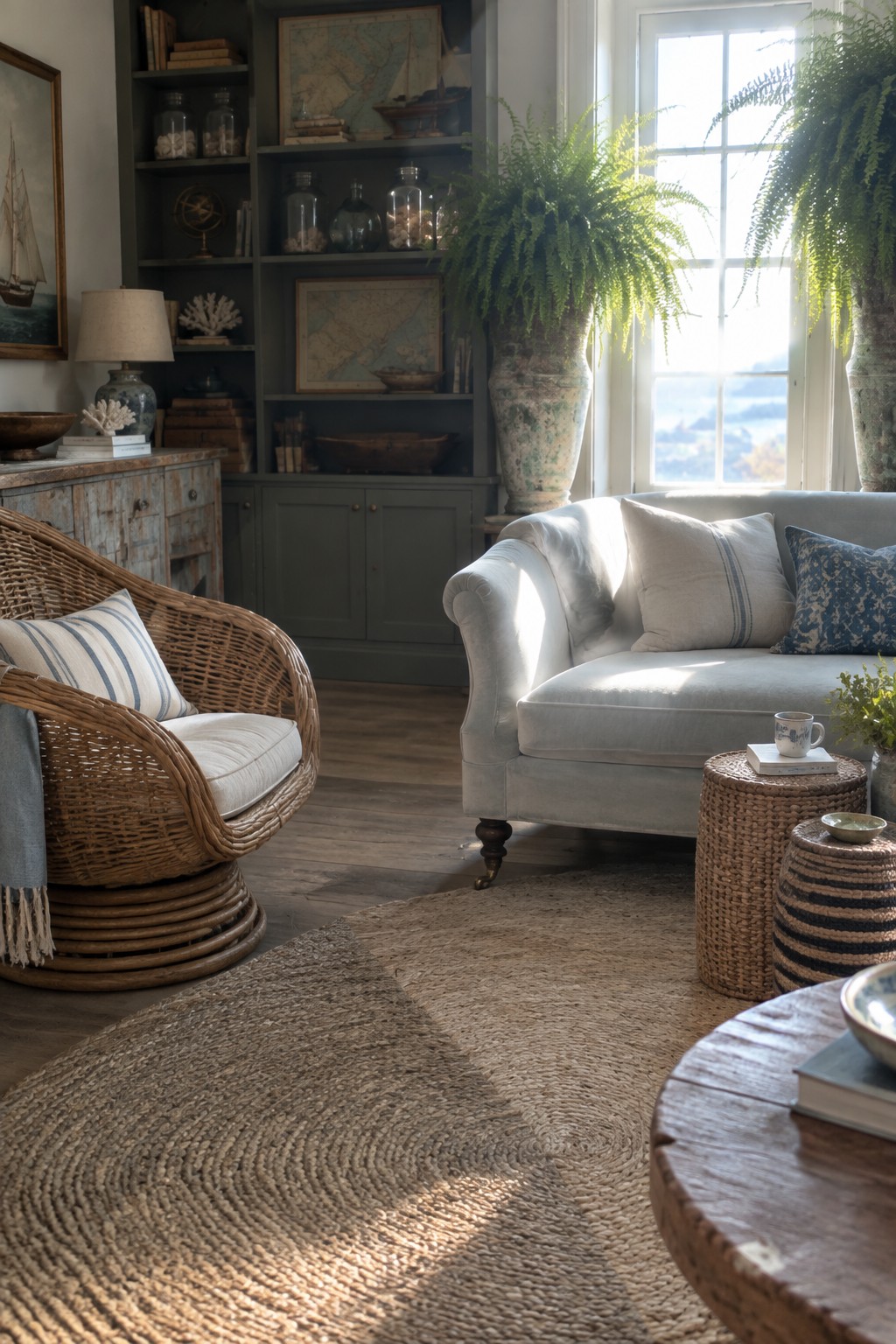 A coastal living room with a light blue sofa, rattan armchair, large round jute rug on wood floors, built-in shelves with maps and glass jars, and two large ferns near a window.