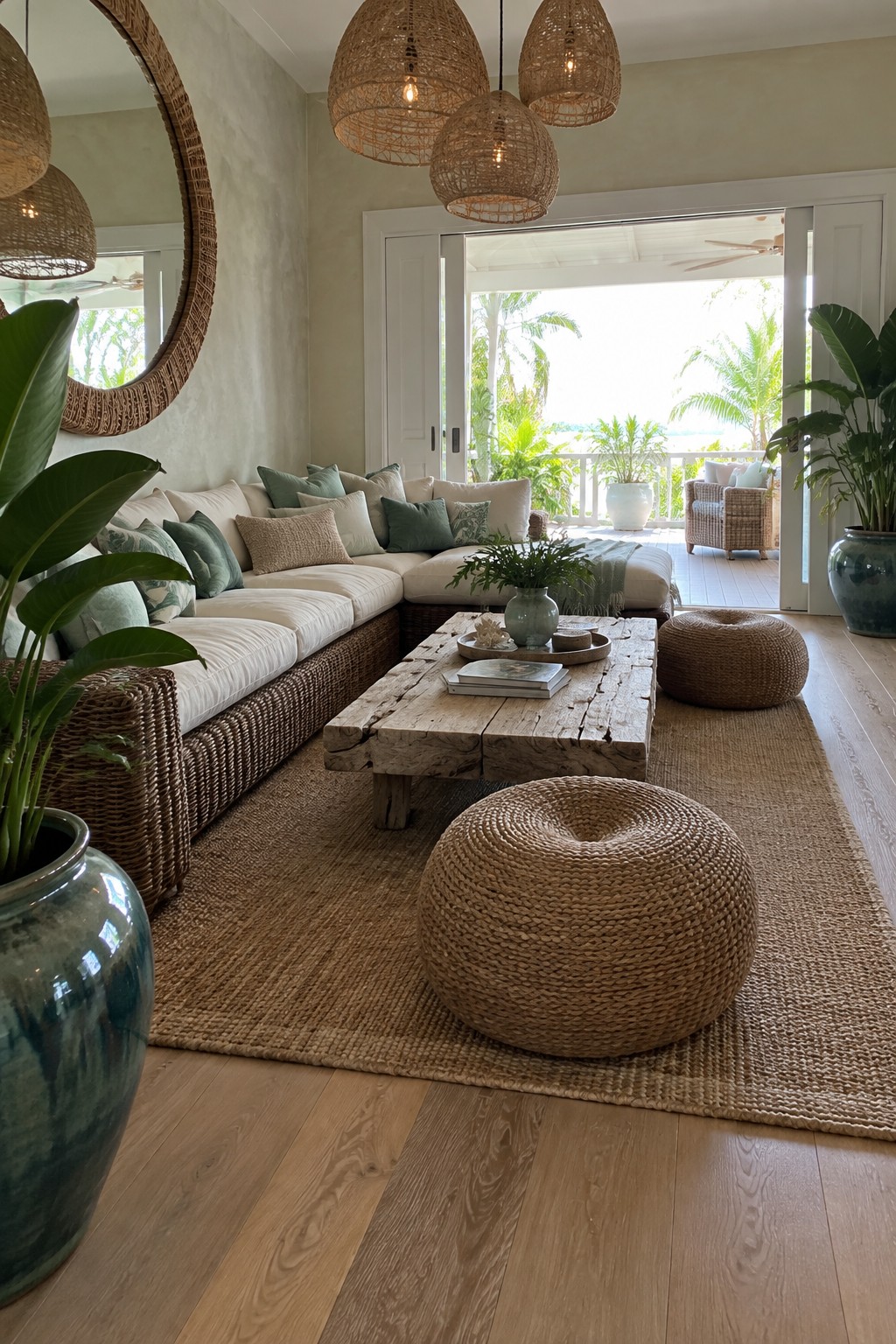 A bright coastal living room featuring a large L-shaped sectional sofa on a woven natural fiber rug, with round rattan poufs, a rustic wood coffee table, and open doors leading to a sunny patio.