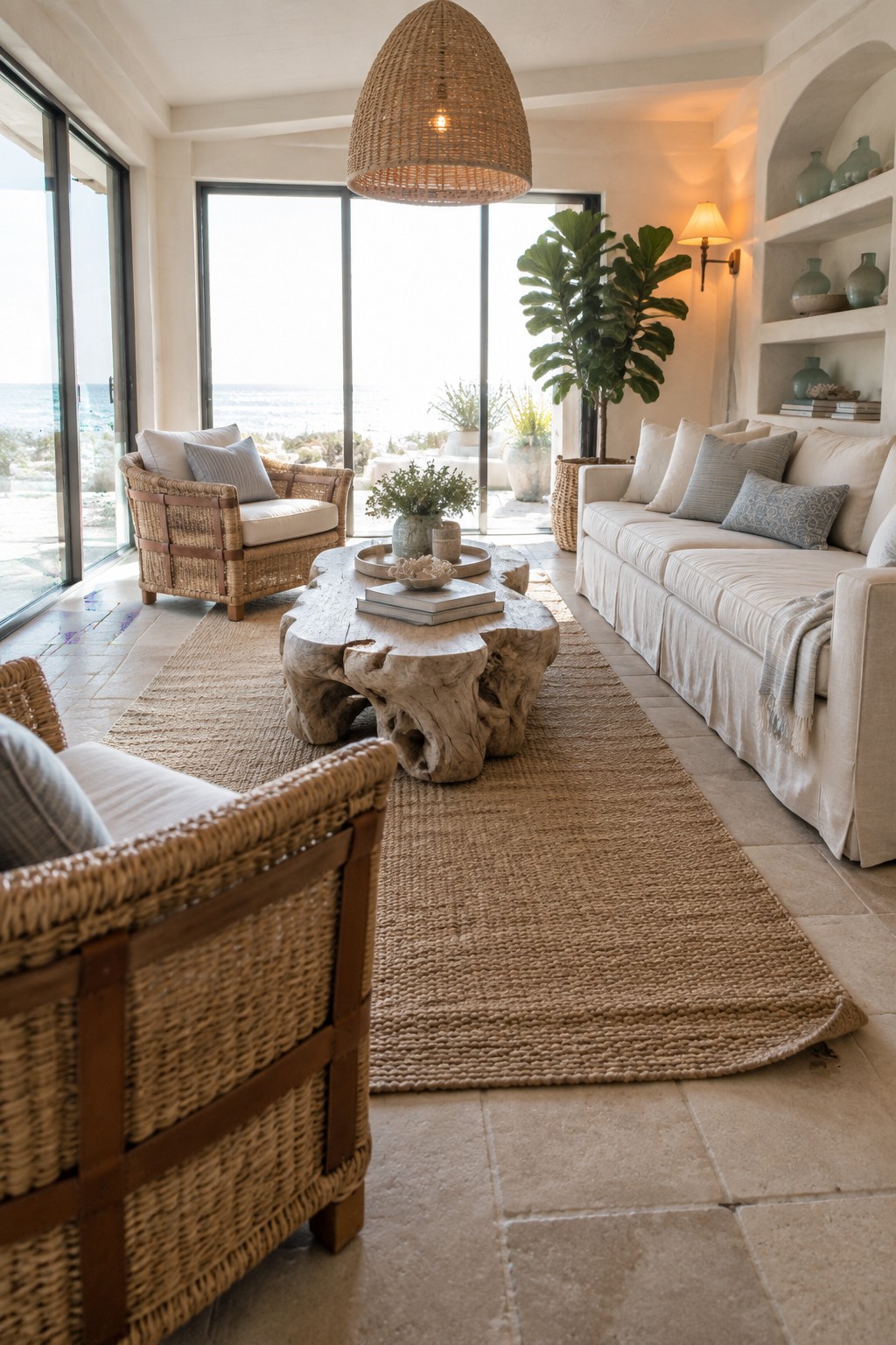A coastal living room with a large natural fiber rug, rattan armchairs, a rustic wood coffee table, and a white sofa arranged in front of ocean-view windows.
