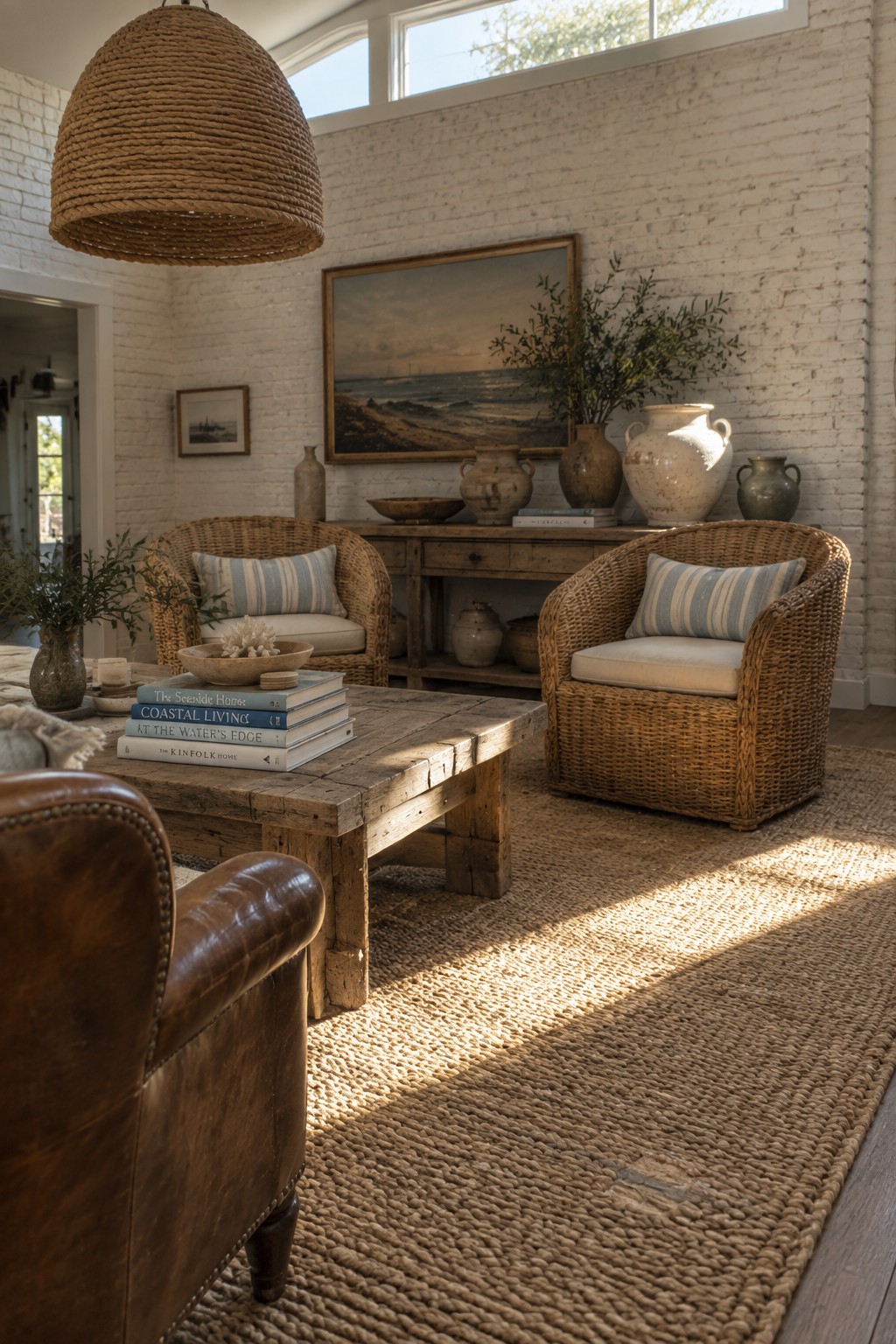 Cozy coastal living room with wicker armchairs, wooden table, and leather chair