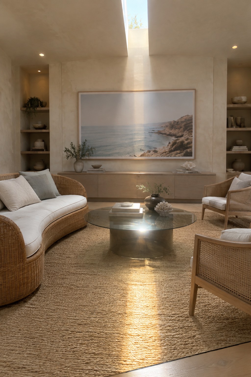 A bright coastal living room with a curved rattan sofa, two rattan armchairs around a round glass coffee table, and a large natural fiber rug covering the floor beneath a large ocean photograph on the wall.