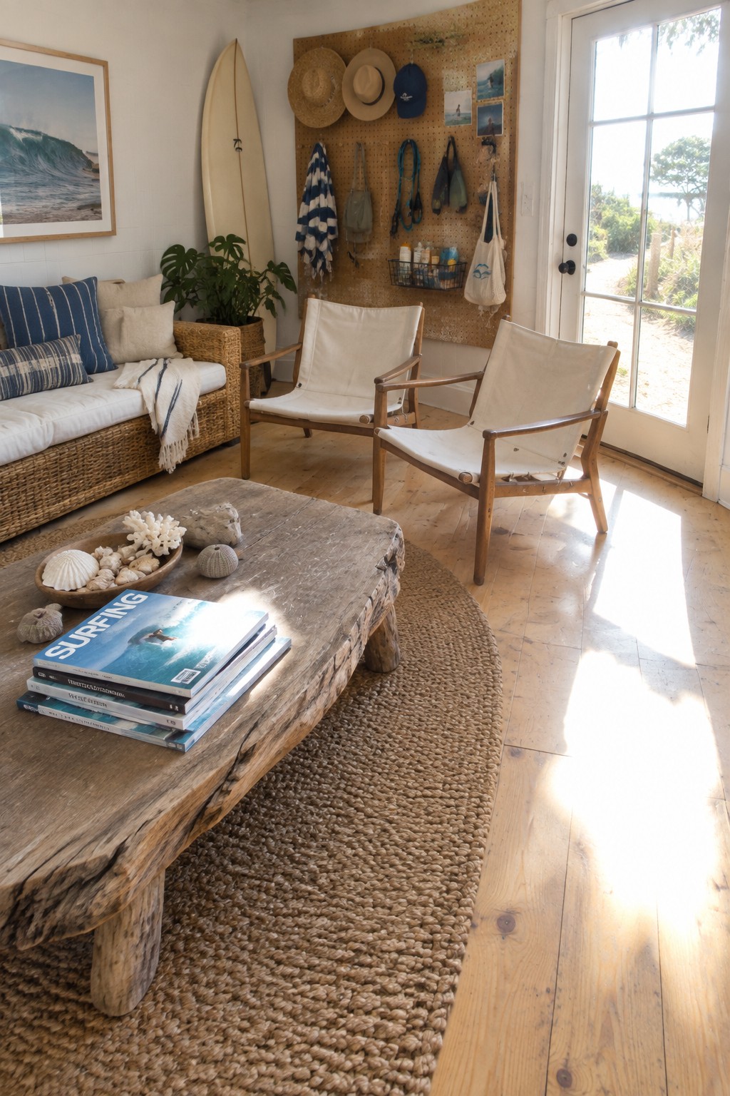 A bright coastal living room featuring a large woven natural fiber rug on light wood floors, a rattan sofa with striped pillows, two wooden-framed canvas chairs, and a rustic wood coffee table with surf magazines and seashells.