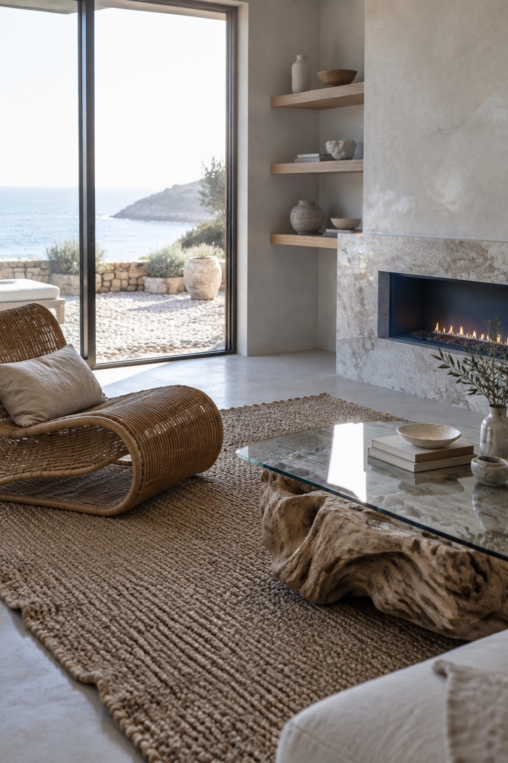 Modern living room with rattan chair, jute rug, glass table, stone fireplace, and ocean view.