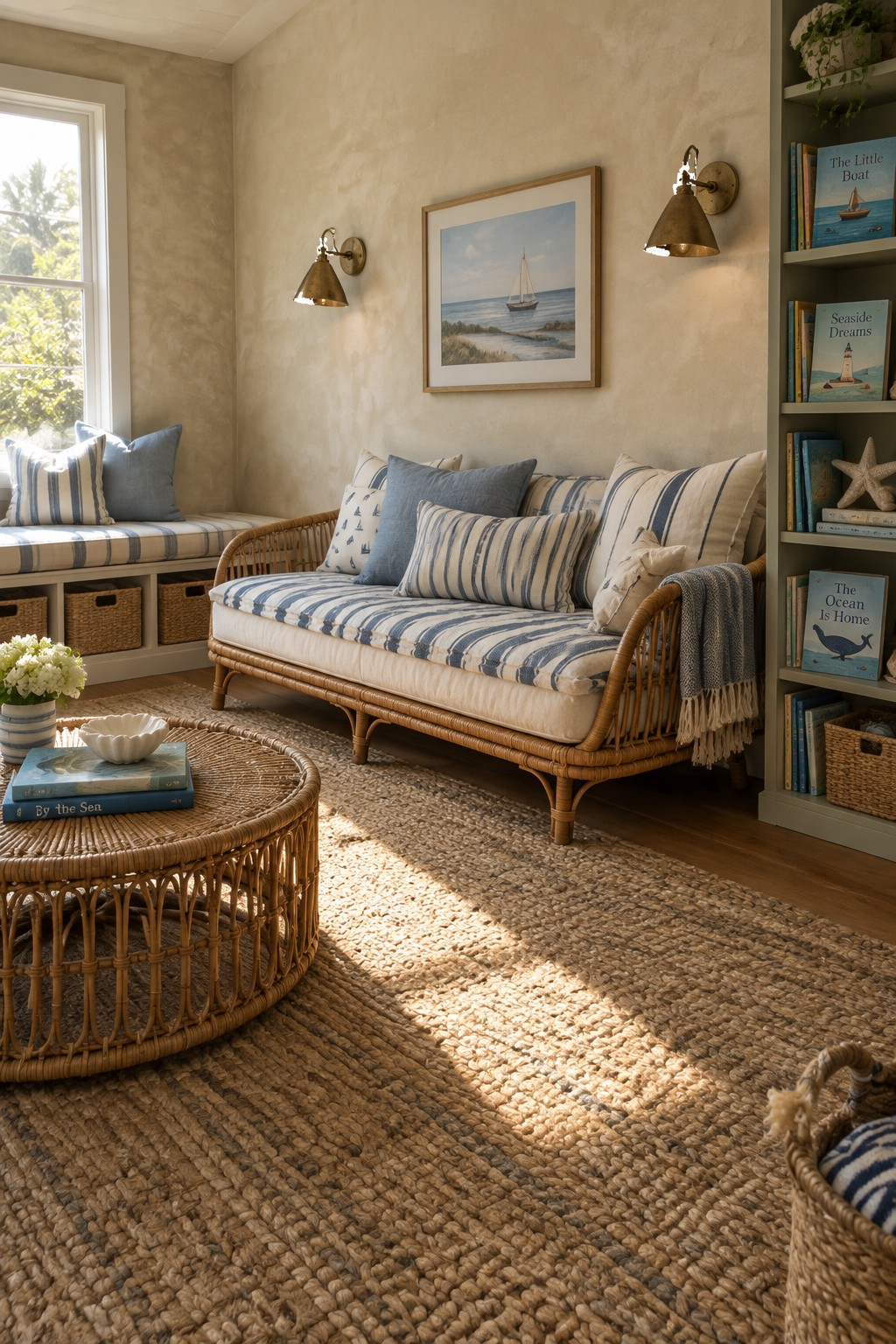 A coastal living room showing a rattan sofa with blue and white striped cushions on a large natural fiber rug, a round rattan coffee table, wall sconces, and a built-in window seat.