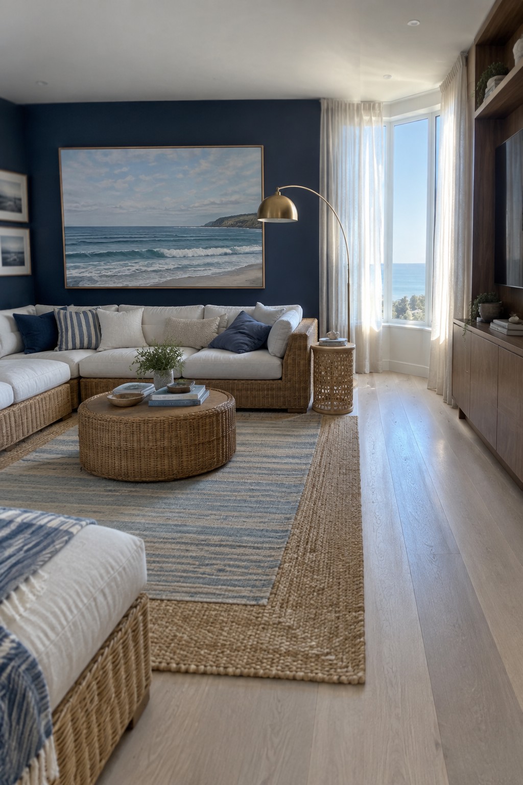 A bright coastal living room featuring a white rattan sectional sofa, round rattan coffee table, layered blue striped and natural jute rugs on light wood flooring, and a large ocean wave painting on a navy wall.
