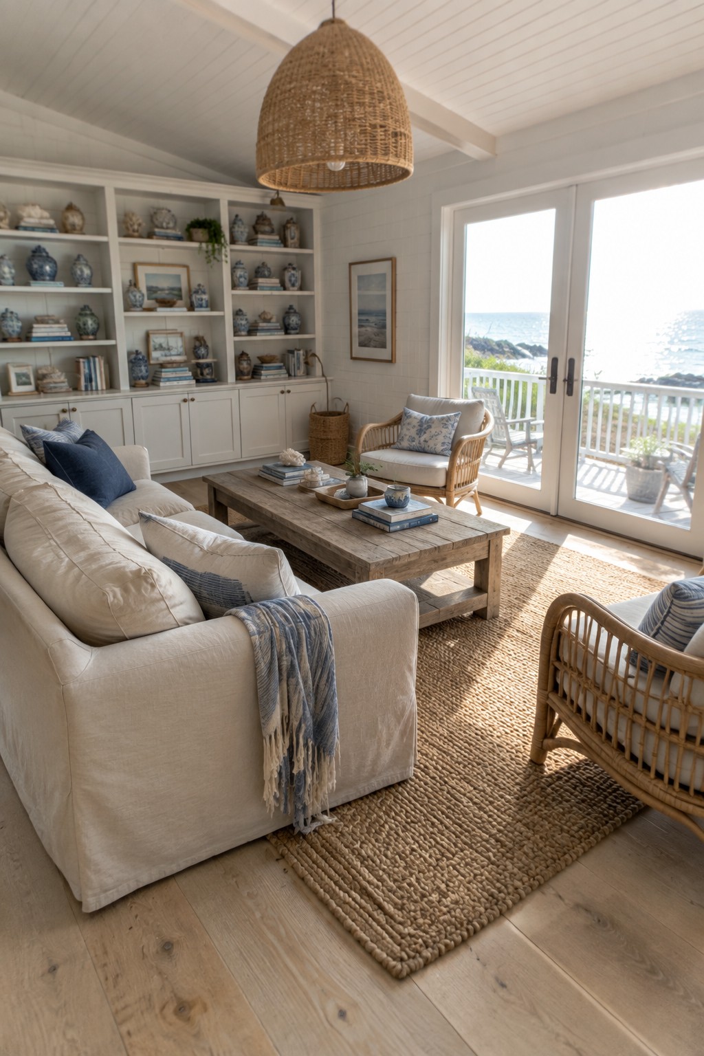 A coastal living room with a large sectional sofa, wooden coffee table, two rattan armchairs, built-in white bookshelves, and a woven natural fiber rug on light wood floors, with ocean views through glass doors.