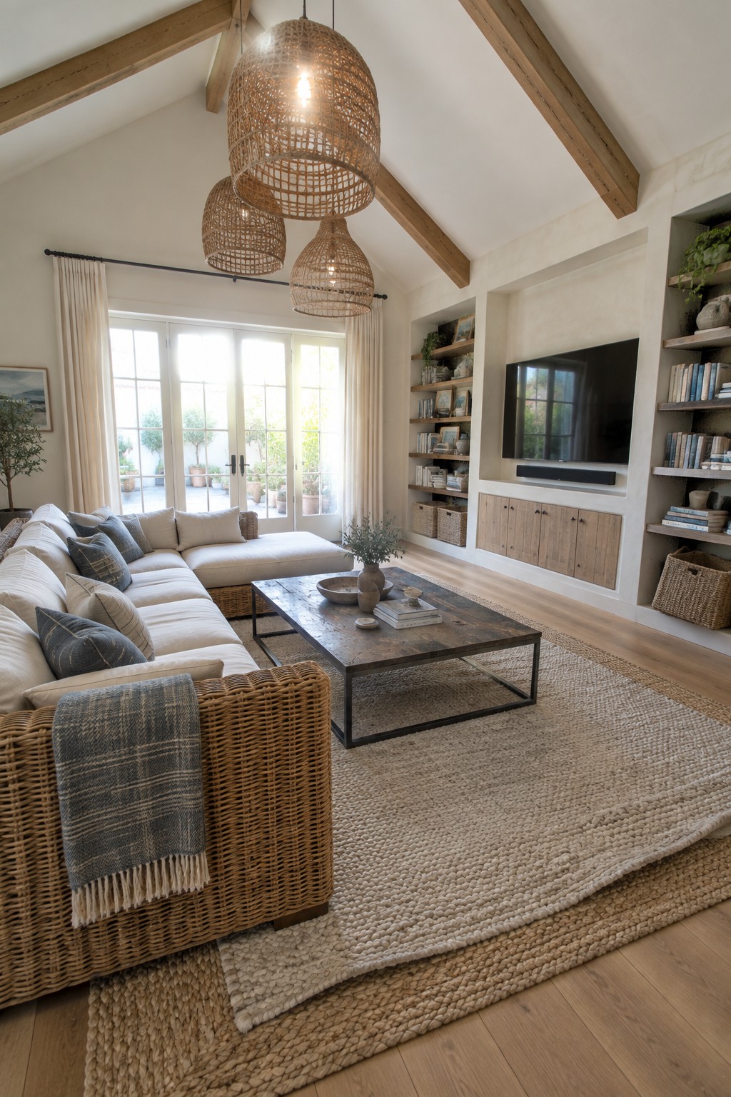 A bright living room featuring a large rattan sectional sofa on layered natural fiber rugs, a wooden coffee table, woven pendant lights, and built-in shelving with a television.