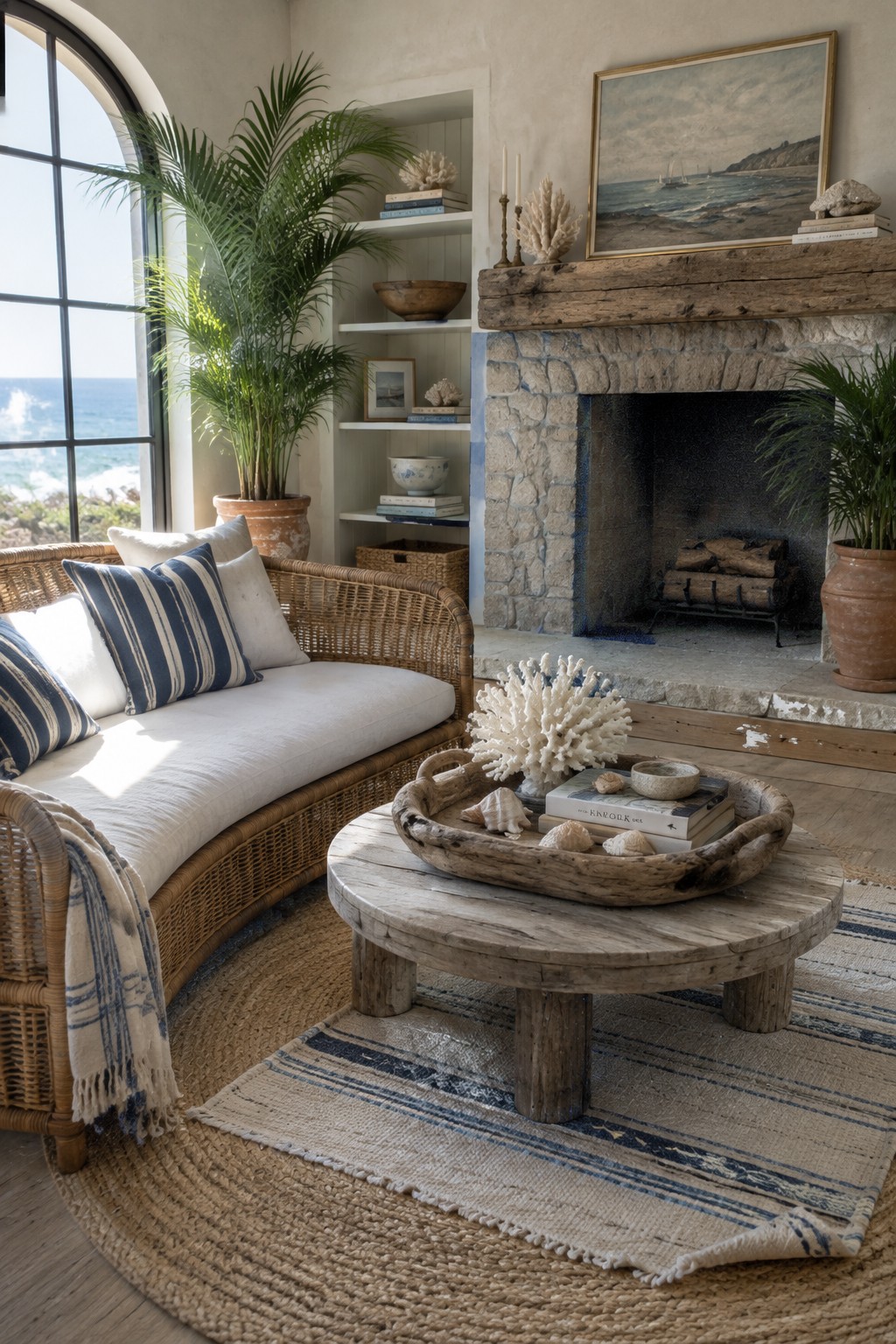 A coastal living room with a curved rattan sofa, striped cushions, a round wood coffee table on a large jute rug, and a stone fireplace beside a large arched window overlooking the ocean.