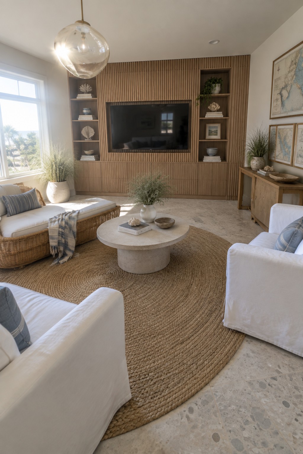 A bright coastal living room featuring white slipcovered armchairs, a round woven jute rug, a round stone coffee table, rattan seating, and built-in light wood shelving around a wall-mounted television.
