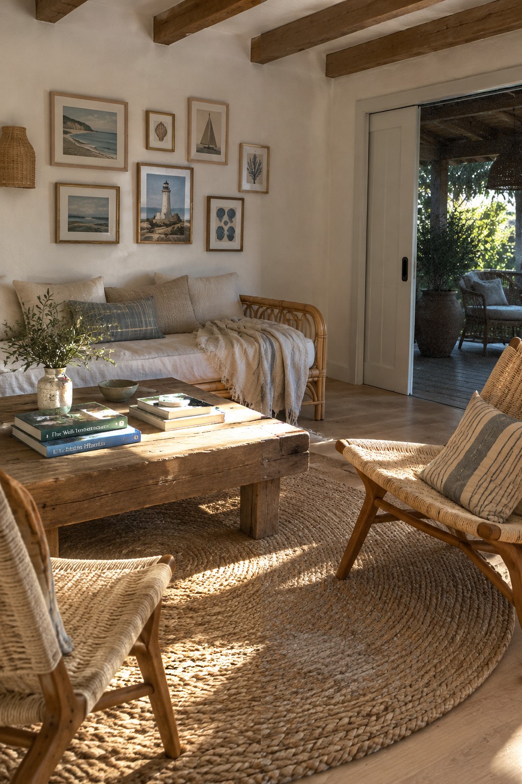 A bright coastal living room featuring a round natural fiber rug, rattan sofa and lounge chairs, a rustic wooden coffee table, and a gallery wall of framed coastal prints.