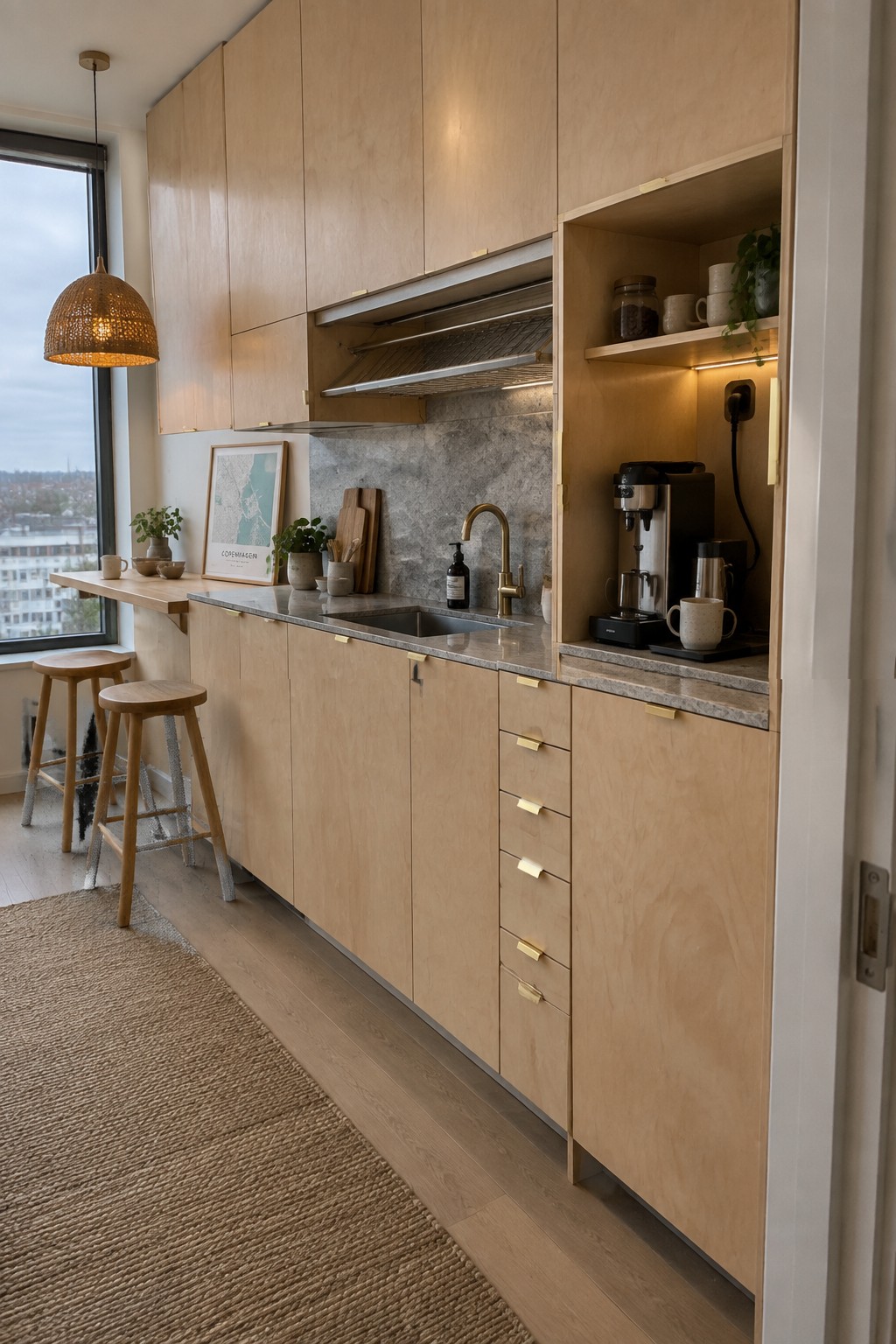 A light wood kitchen with gray stone counters, a sink, and a recessed open shelf holding a coffee machine and mugs beside the upper cabinets.