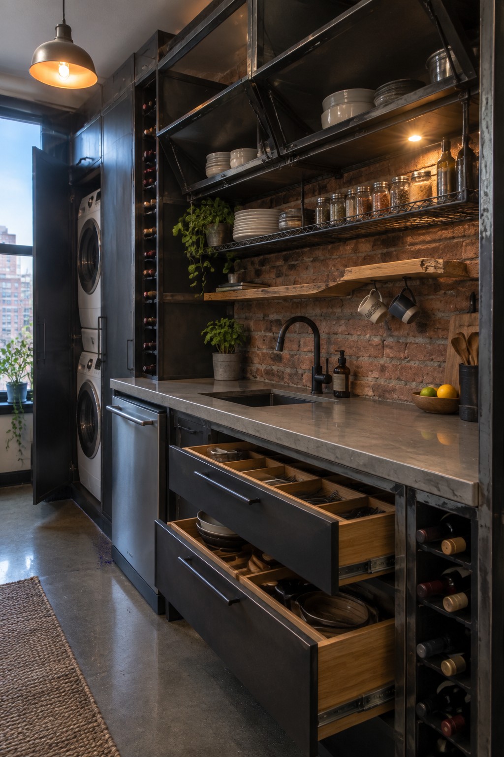 Industrial kitchen with brick wall, open black drawers, metal shelves, and wine rack