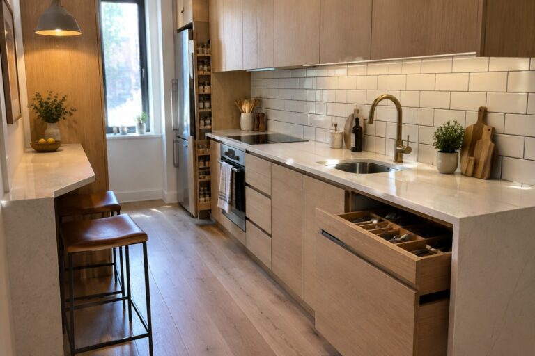19 Cozy Condo Kitchen Ideas Built Around Space-Saving Cabinetry A narrow kitchen with light wood cabinets, white countertop, open pull-out drawers showing compartments, and two brown leather stools at the counter.