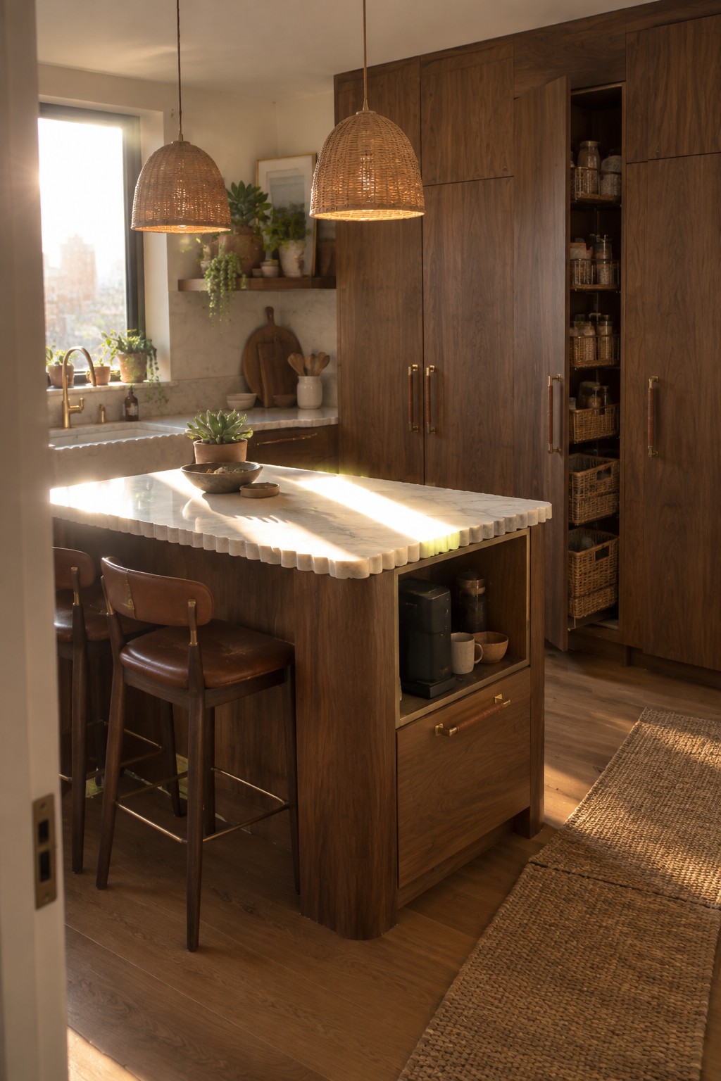 A kitchen with a marble-topped island that has an open side cubby holding a coffee maker and a drawer below, two leather bar stools tucked underneath, dark wood tall cabinets, and woven pendant lights overhead.