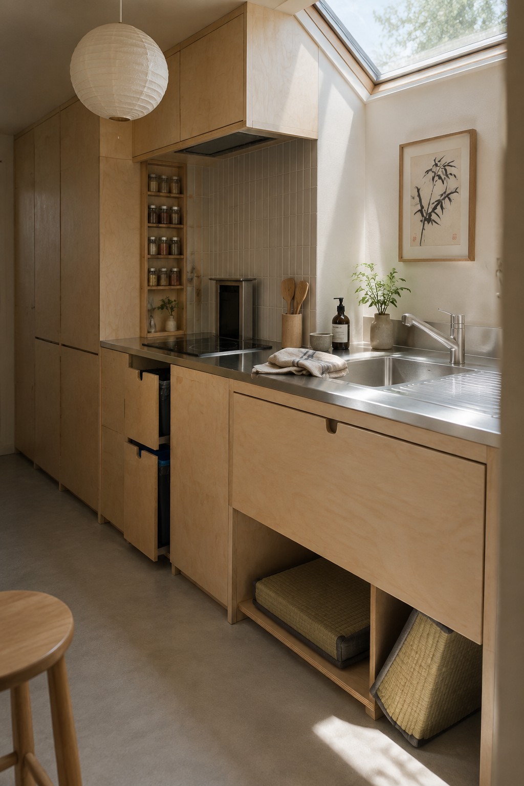 A compact kitchen with light wood cabinetry, stainless steel countertops and sink, open shelves holding glass jars, and a skylight overhead.