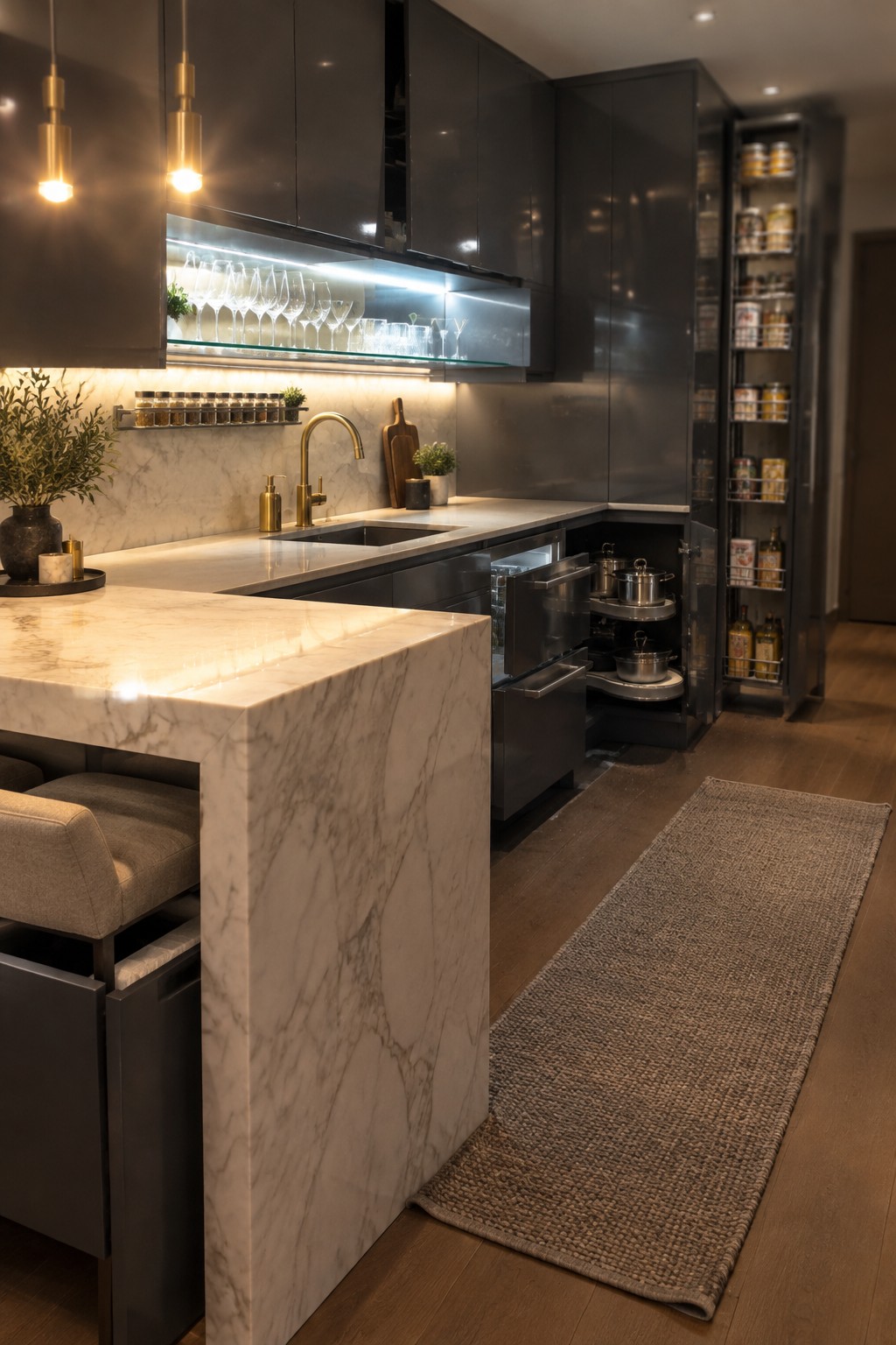 Modern kitchen with marble island, dark cabinets, pull-out pantry, and woven rug.