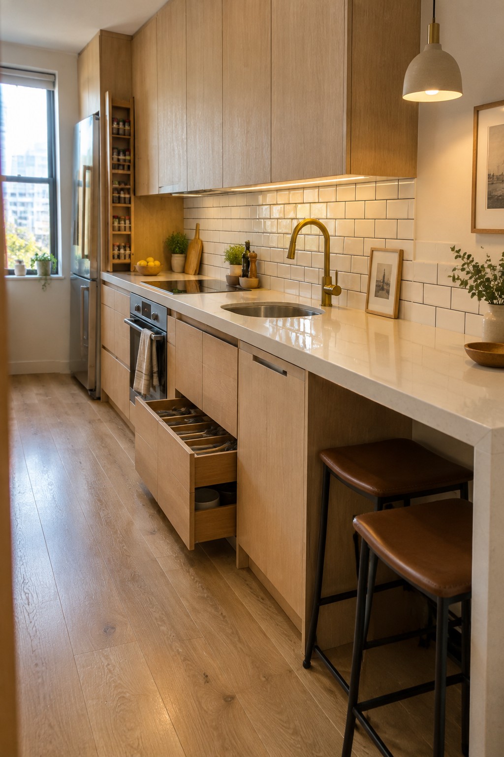 A narrow kitchen with light wood cabinets, white countertop, open pull-out drawers showing compartments, and two brown leather stools at the counter.