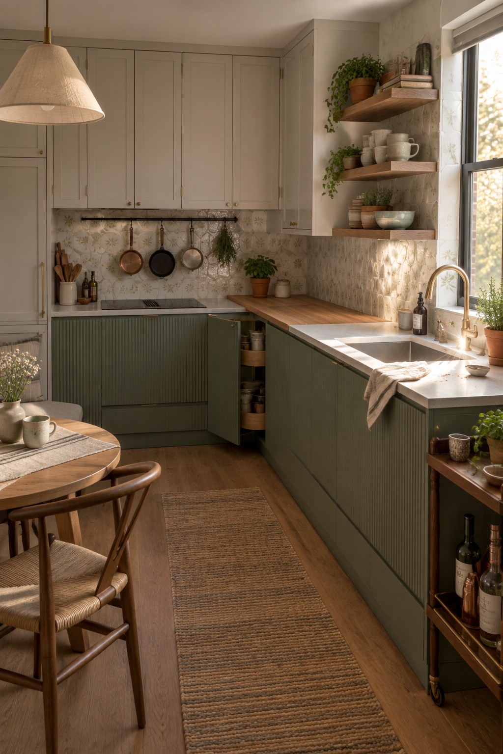 A compact kitchen with sage green lower cabinets, white upper cabinets, a wooden countertop, stainless steel sink, and an open corner cabinet showing pull-out storage shelves.