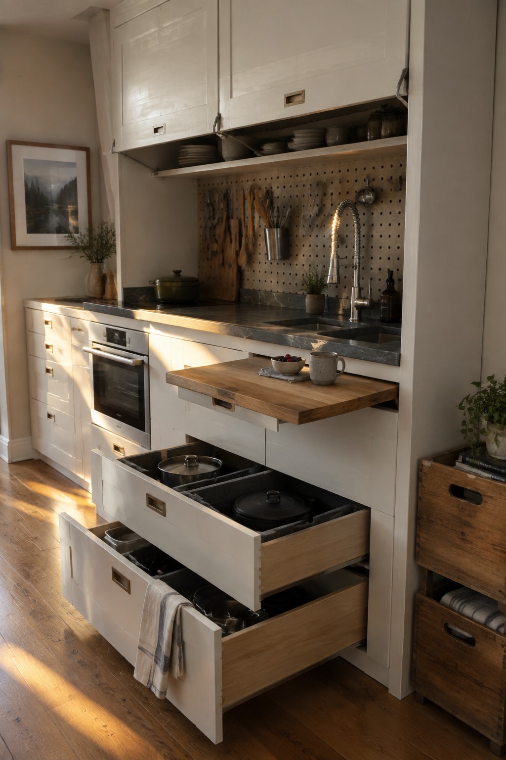 A kitchen with white cabinets, multiple open deep drawers holding pots and pans, and a wooden pull-out counter extension with a bowl and mug on top.