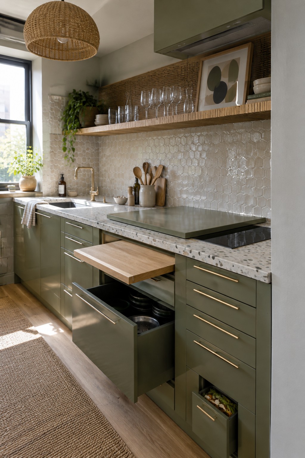 A modern kitchen interior with sage green cabinets, open pull-out drawers showing organized cookware, a wooden pull-out board, and a speckled countertop with an induction cooktop.