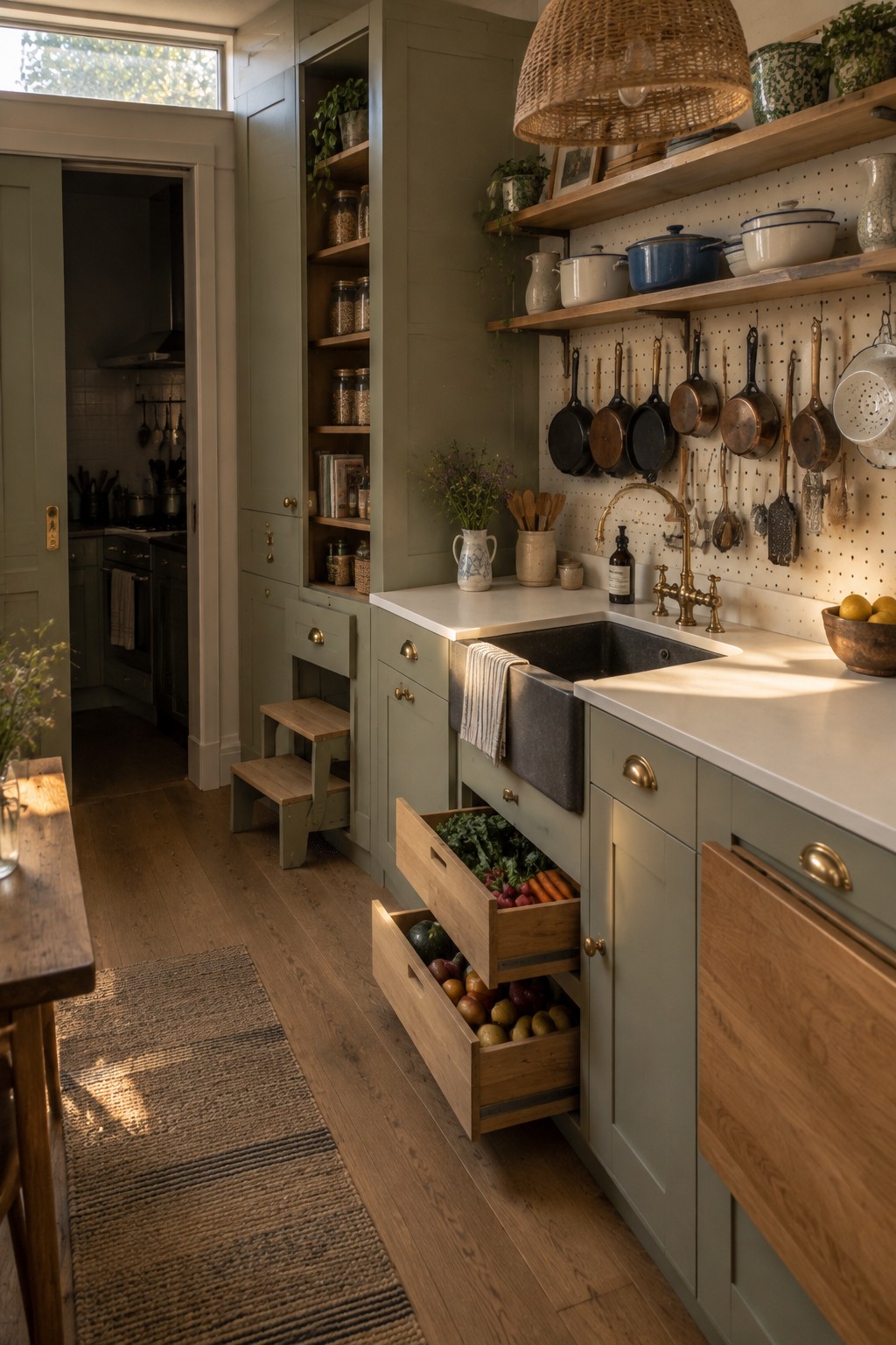 A kitchen with sage green cabinets, a black farmhouse sink, brass faucet, and two open wooden pull-out drawers filled with potatoes, carrots, squash, and leafy greens.