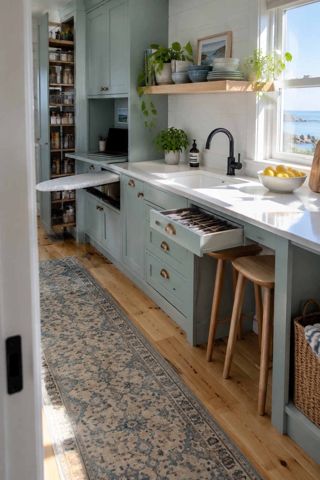 A kitchen interior with sage green cabinets, white countertop, black faucet, open pull-out drawer with organized cutlery, two wooden stools, and a view toward a window overlooking water.