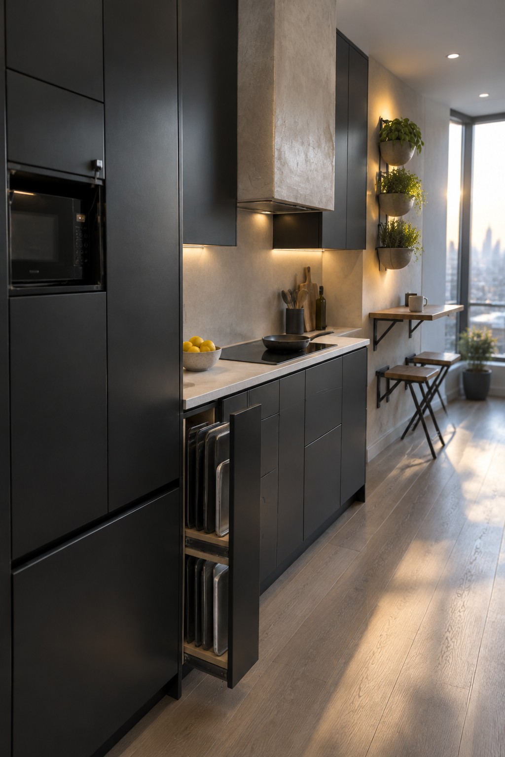 Modern kitchen with matte black cabinets, one open pull-out drawer holding stacked metal baking trays, light countertop, and a window view of the city.