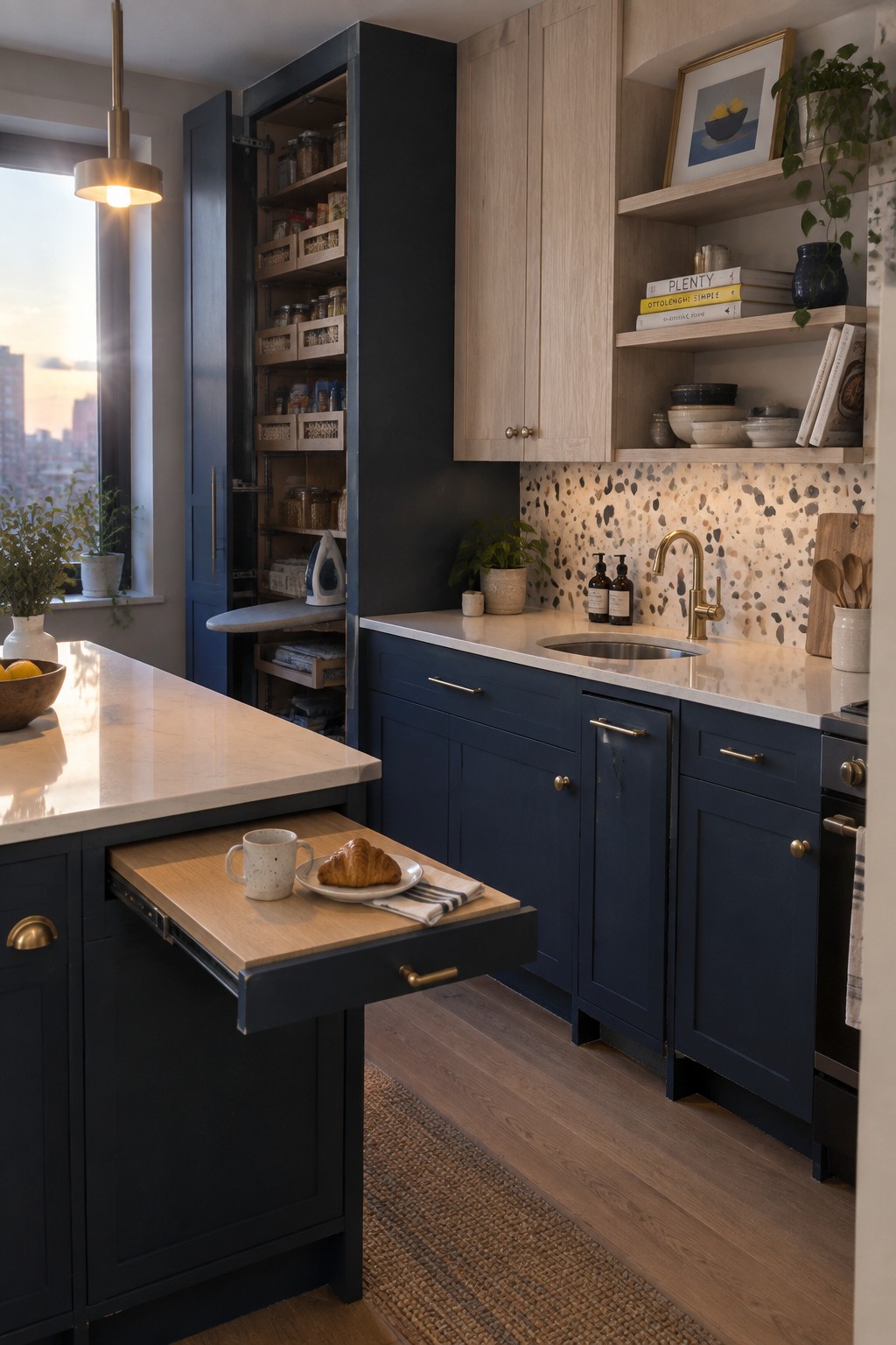 A kitchen with navy blue cabinets, light wood accents, a marble countertop, and a wooden pull-out shelf extended from the island holding a mug and croissant.