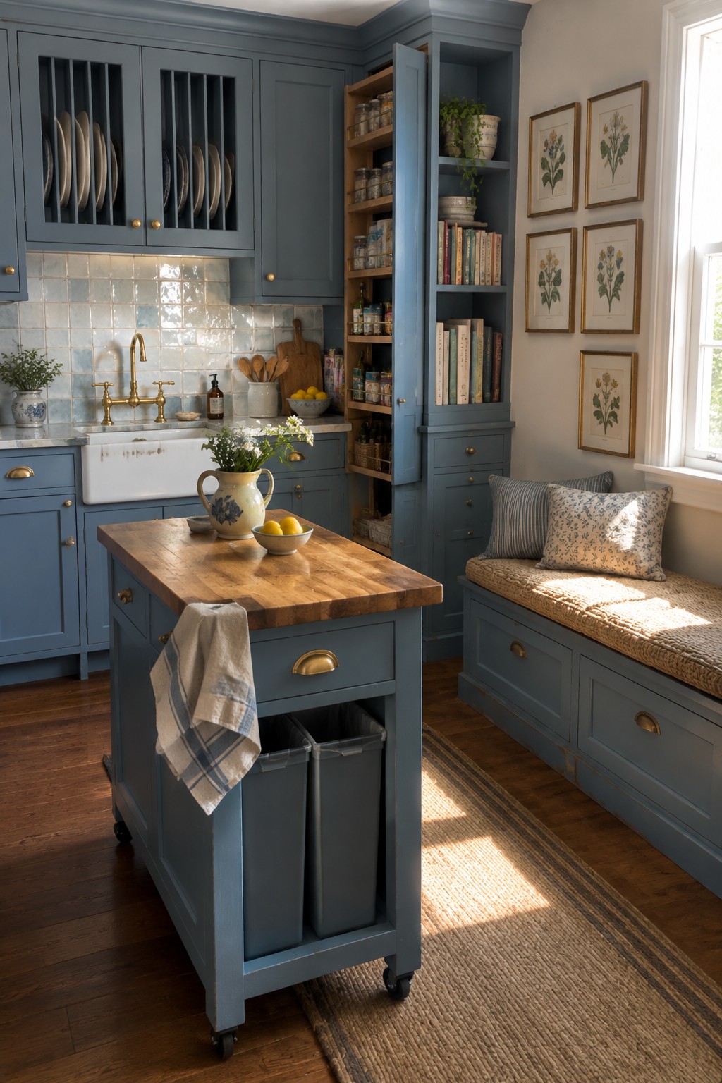 A blue-painted kitchen with a wooden rolling island that has two gray storage bins underneath, a white farmhouse sink, brass faucet, and a tall open pantry cabinet with shelves.
