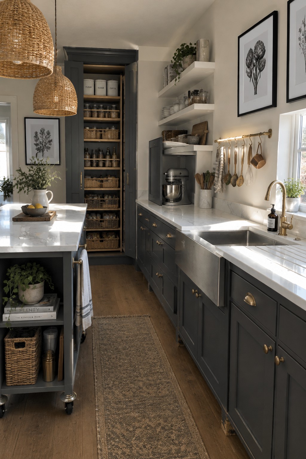 A kitchen with dark gray cabinets, white marble countertops, a stainless steel farmhouse sink, and an open tall pantry cabinet filled with baskets and jars.