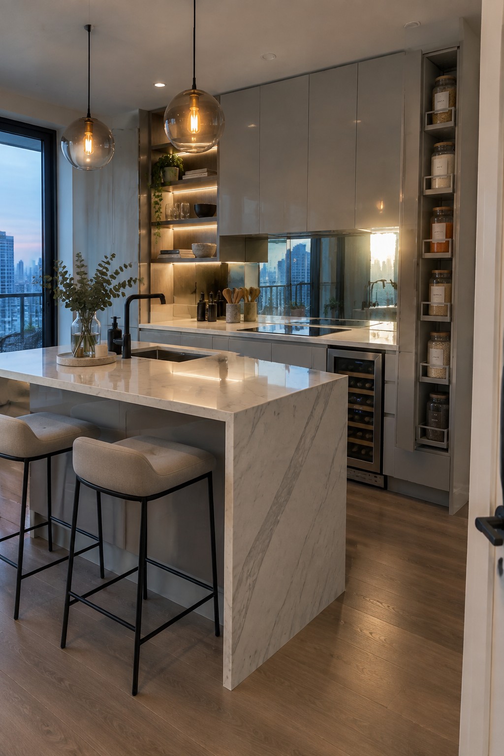 A modern condo kitchen featuring a white marble island with two upholstered bar stools, gray flat-panel cabinets, under-cabinet lighting, and a tall narrow pull-out pantry cabinet stocked with labeled glass jars on the right.