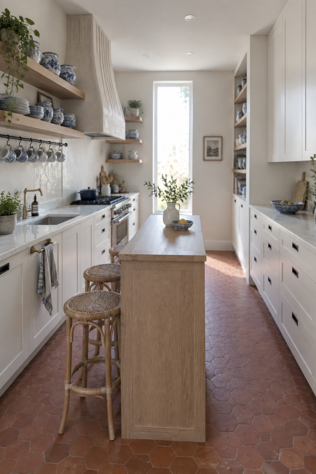 A bright kitchen with white cabinets, a light wood island, two woven stools, open shelving, and terracotta tile flooring.
