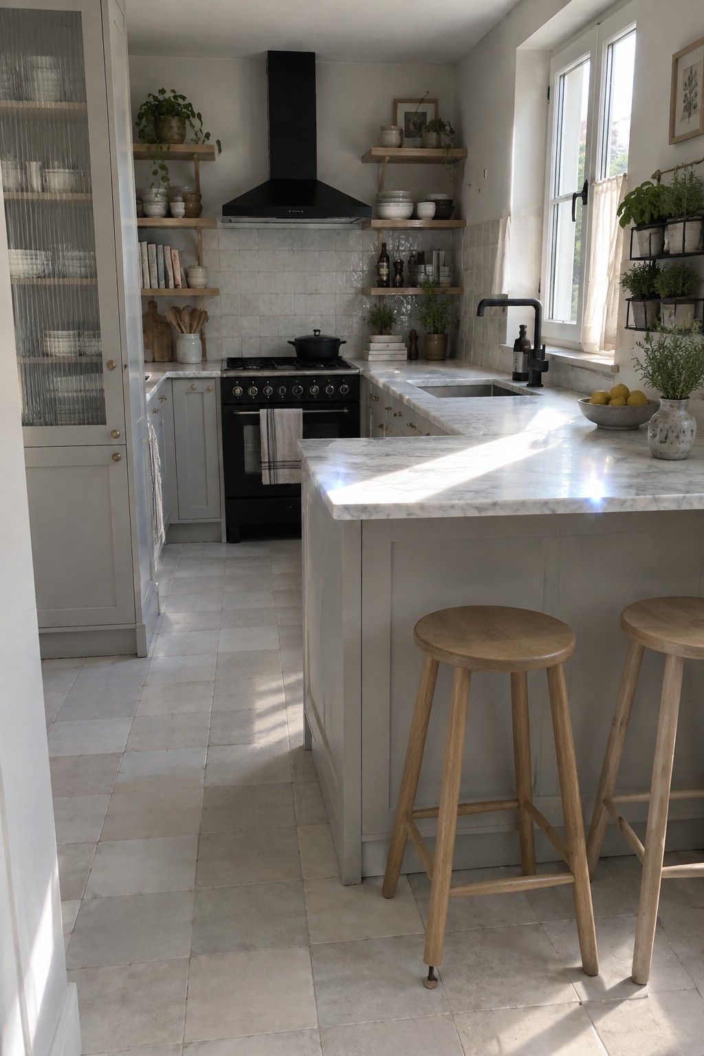 Light gray kitchen with marble island, wooden stools, black range hood, open shelves.