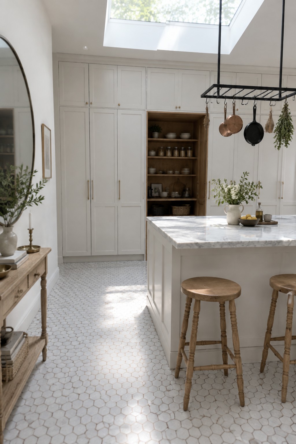 A bright kitchen with white cabinets, an integrated open shelving section, a marble island with two wooden stools, and a large skylight overhead.