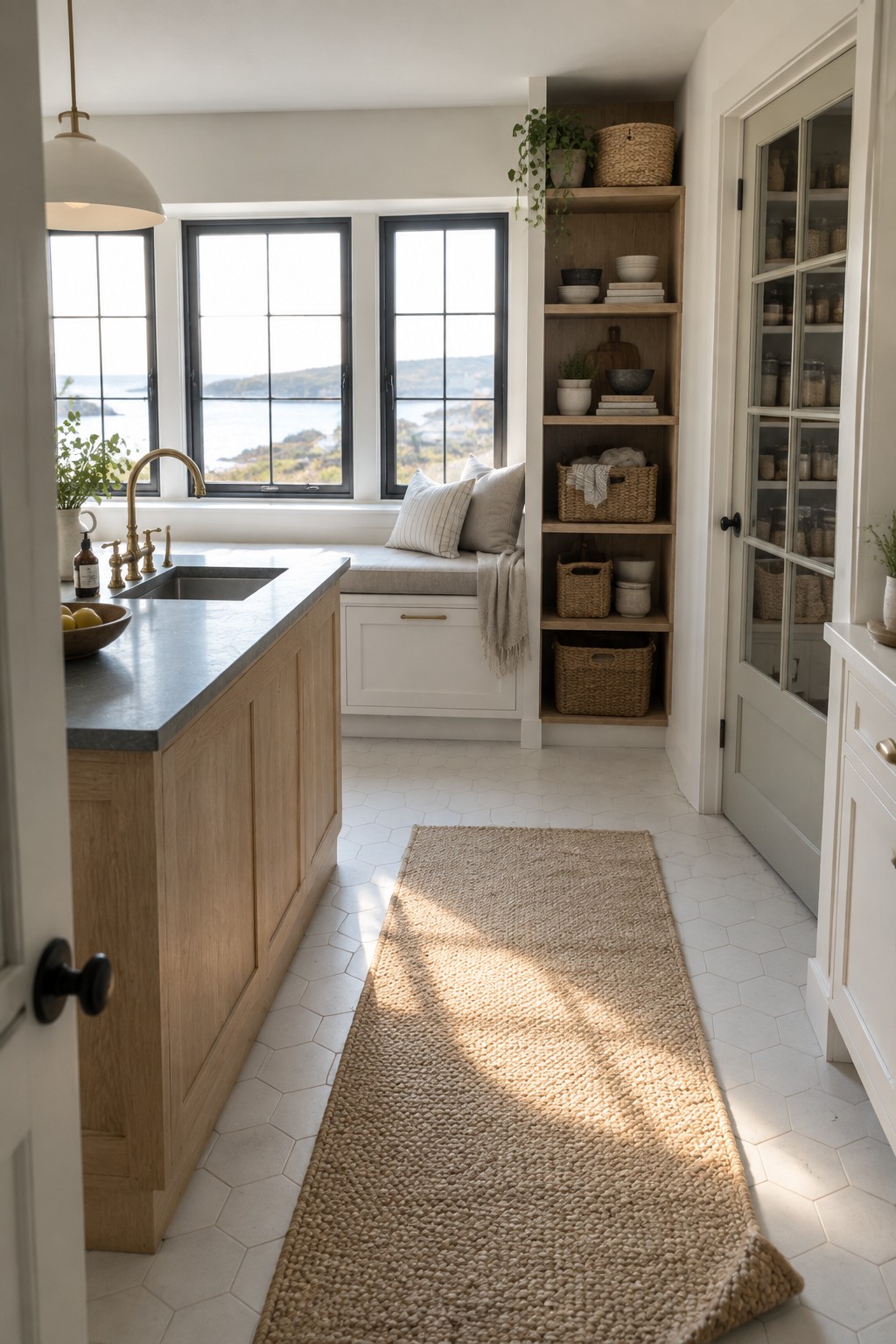 Bright coastal kitchen with oak island, window bench, open shelves, and hex tile floor.