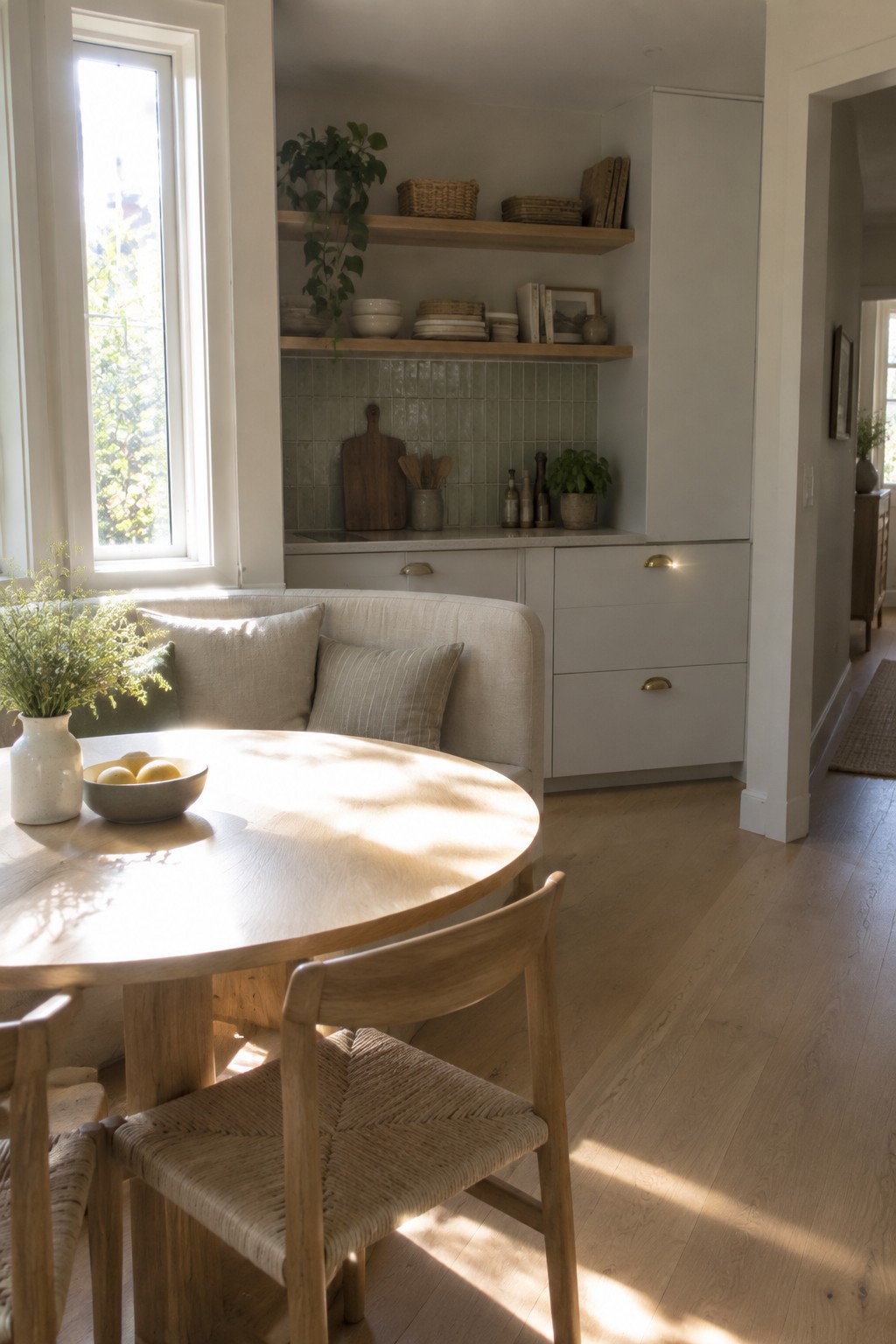 A bright kitchen interior with a round wooden table, woven chairs, a curved upholstered banquette under open wooden shelves, and white cabinetry below a green tile backsplash.