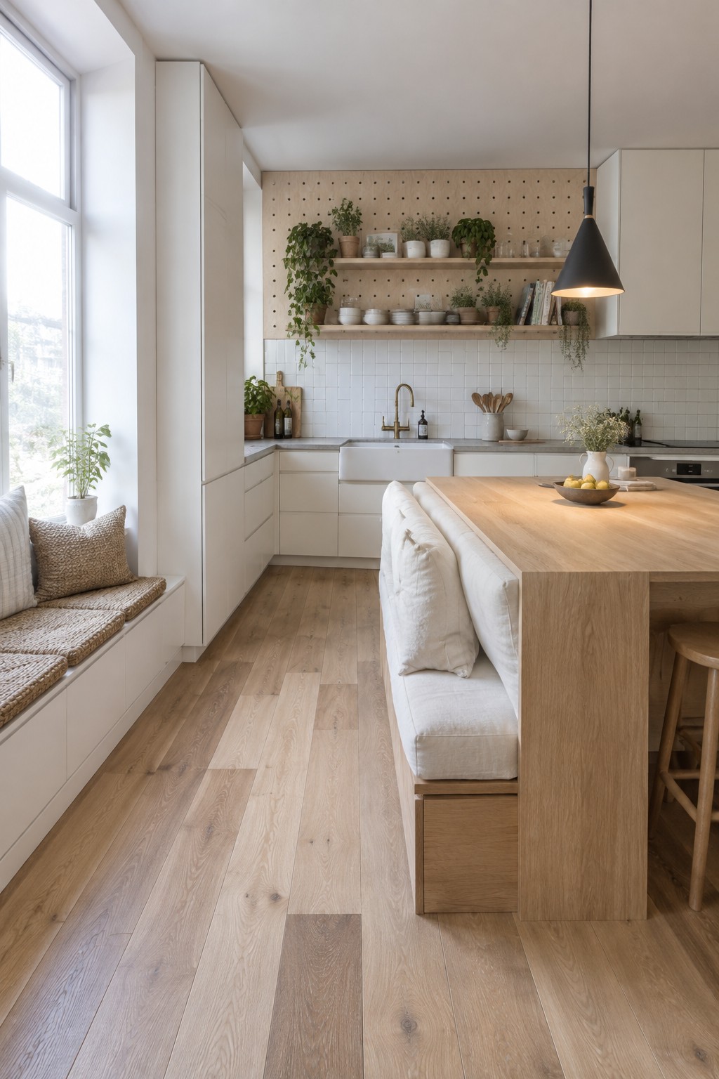 Modern light wood kitchen with white cabinets, island bench, window seat, and pegboard wall