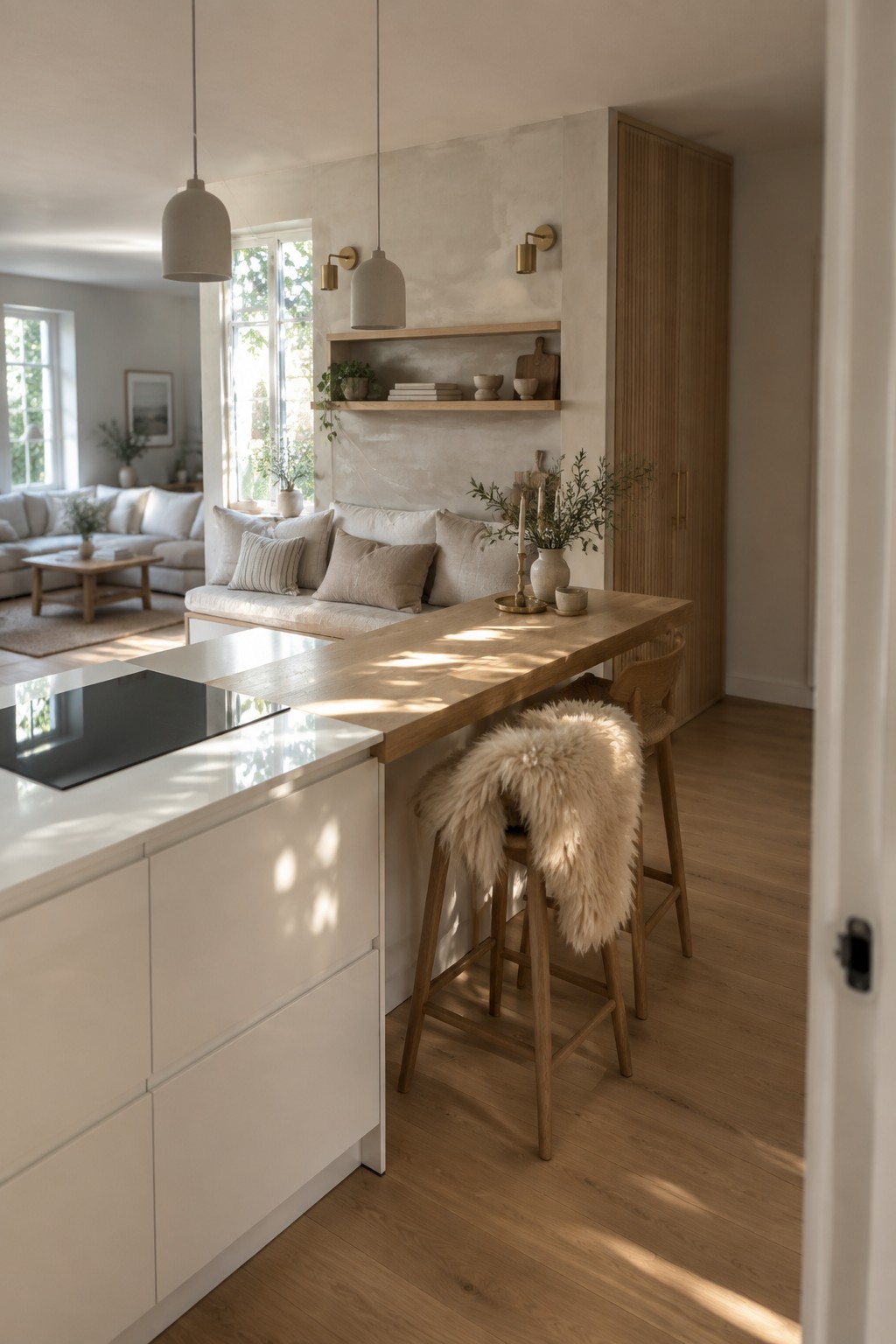 A bright Scandinavian kitchen with a long wooden island counter, white cabinetry, a built-in upholstered bench with pillows, wooden bar stools, and an open view into a living room.